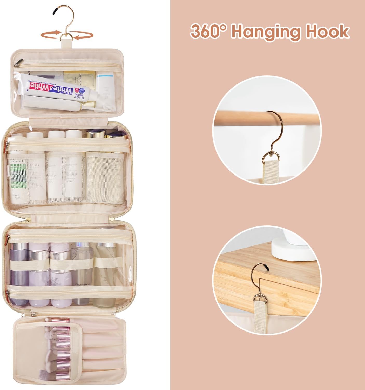 Neceser para mujer, organizador de maquillaje de viaje colgante con 4 compartimentos, piel sintética, impermeable, bolsa de cosméticos para