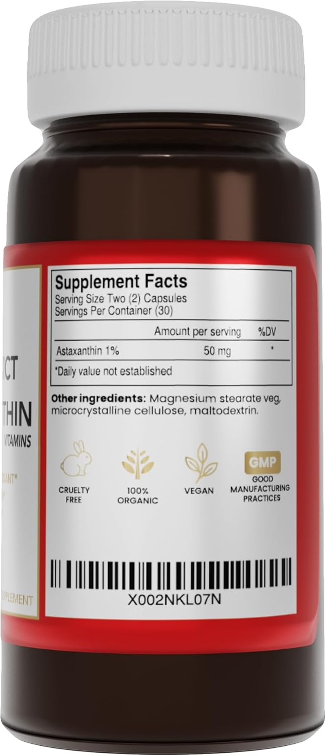 Cápsula de astaxantina, 50 mg 60 píldoras. Antioxidante premium – Suplemento de nutrición deportiva e inmunidad – Apoya la salud ocular, articular y