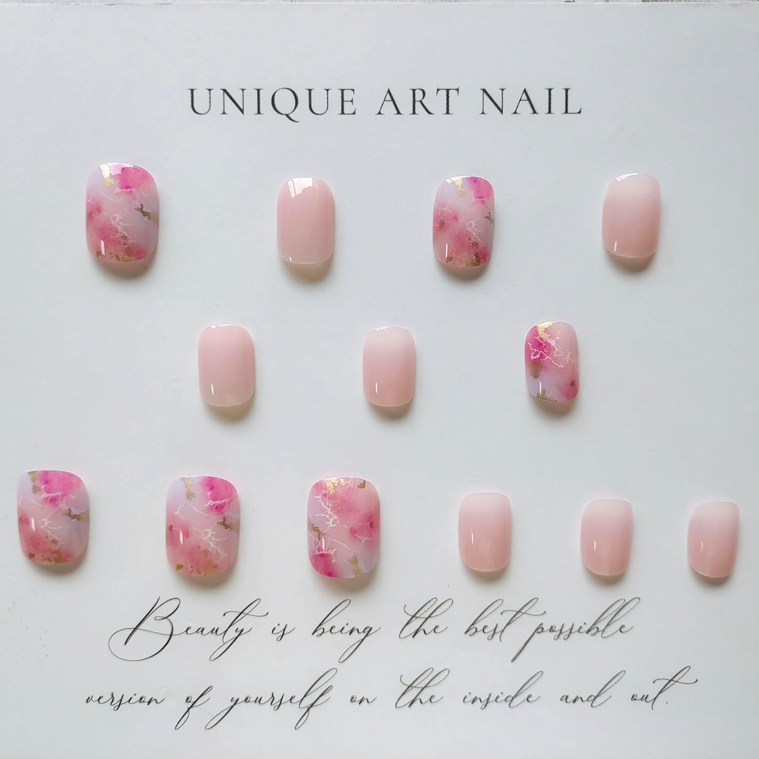 Uñas postizas cortas a presión, cuadradas, con diseño de flor de cerezo, rosa, degradado, con diseños de lámina dorada, romántica puesta de sol por