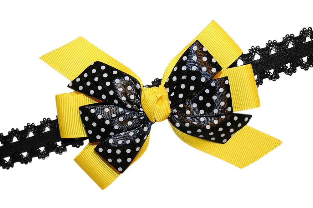 WD2U – Diadema elástica con lazo de grogrén de puntos negros para niñas (amarillo dorado)