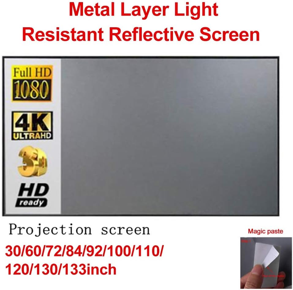 Pantalla de proyector, pantalla de proyector plegable portátil de 133 pulgadas, capa de metal 169, resistente a la luz, pantalla reflectante de