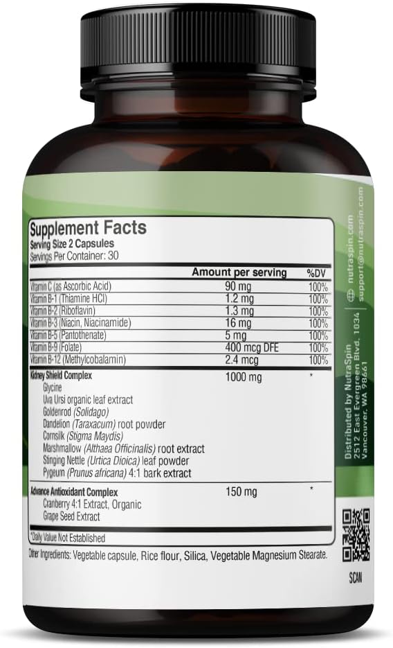 Suplemento Kidney Shield de NutraSpin – Potente fórmula de limpieza, desintoxicación y reparación de riñones con raíz de diente de león, extracto de