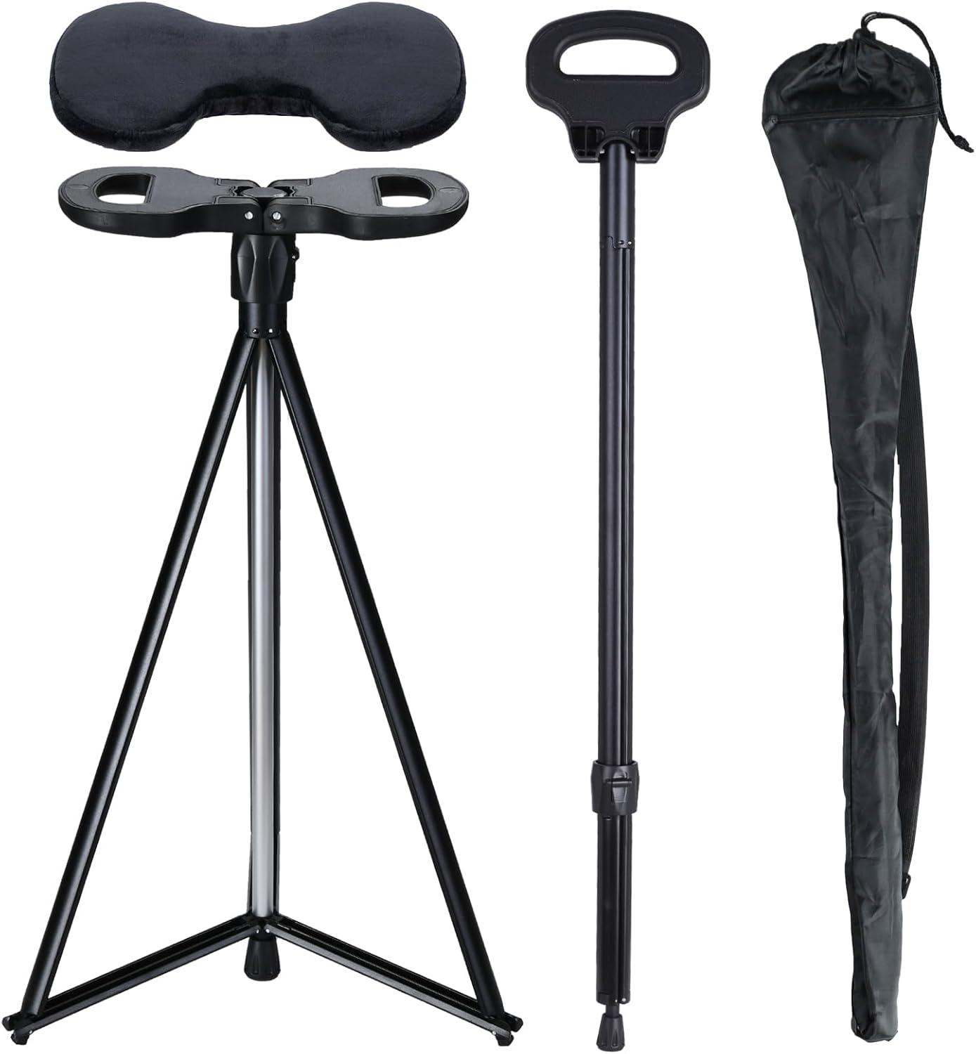 Bastón con asiento, asiento de bastón portátil ajustable, bastón con asiento, taburete plegable con 2 bases de bastón, bolsa de almacenamiento de
