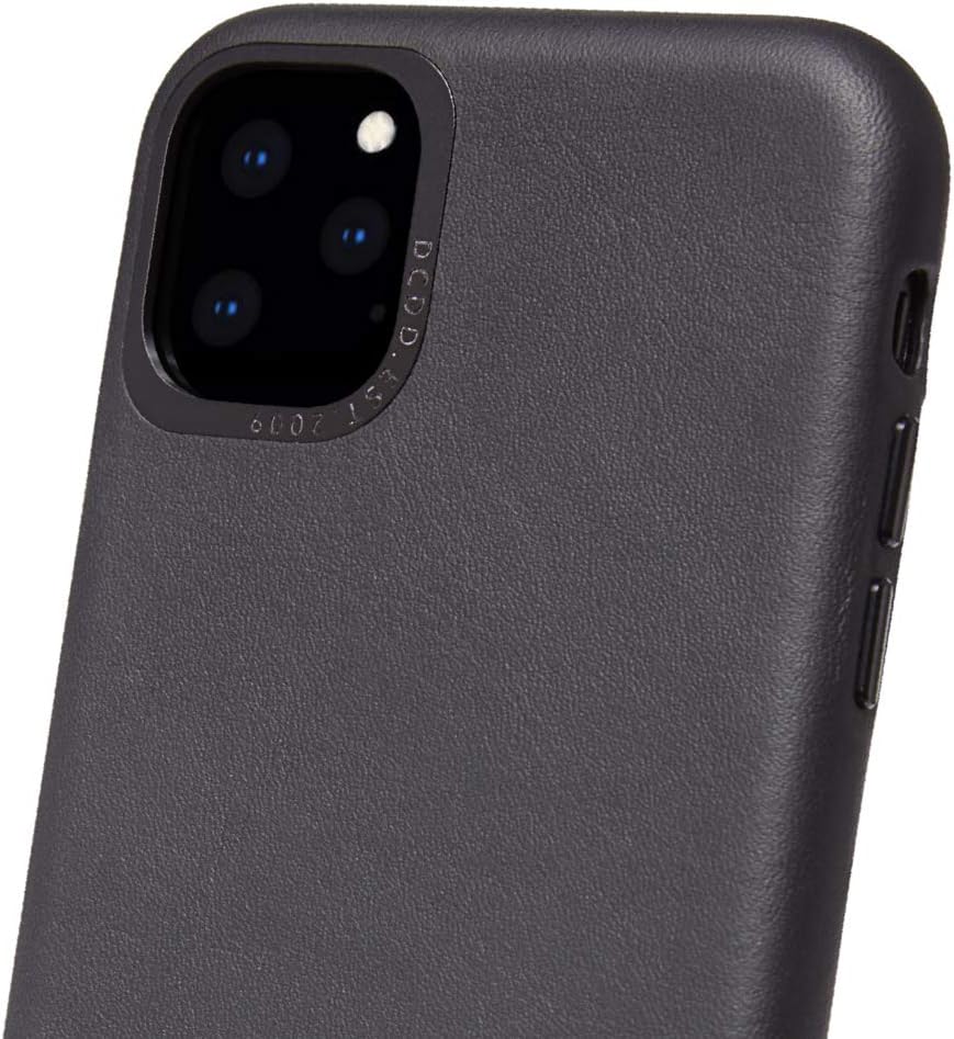 DECODED Funda trasera para iPhone 11 Pro Max – Cuero de grano completo negro, botones de metal, TPU a prueba de golpes