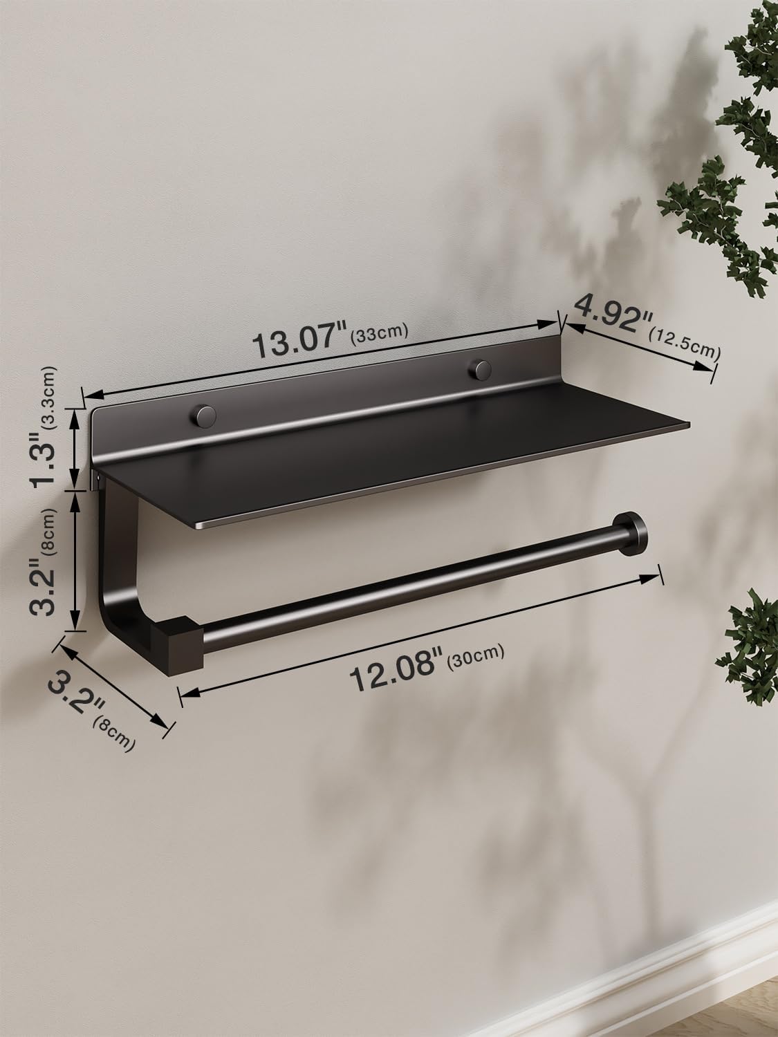 Soporte de pared para toallas de papel, para baño, toallero de mano para baño, soporte para toallas de papel negro con estante (negro mate)