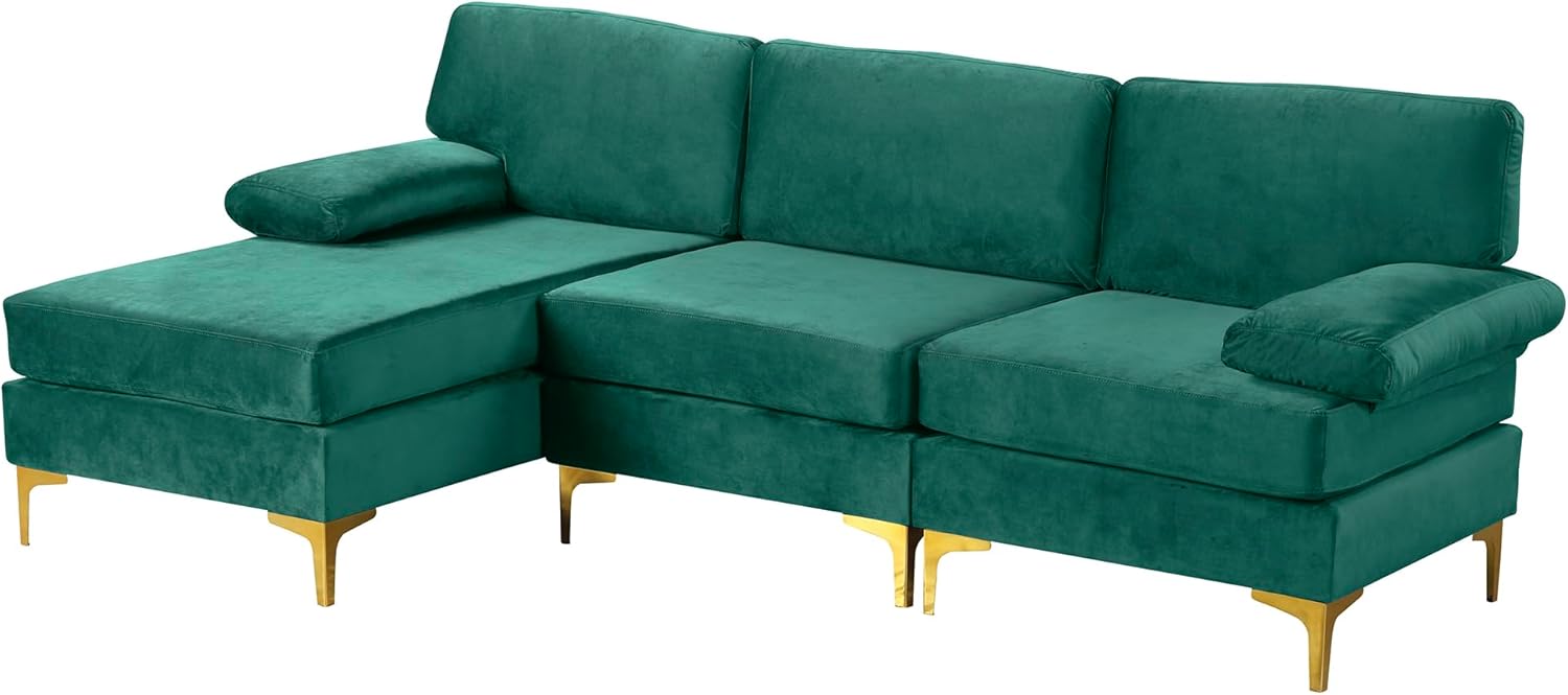 Sofá modular moderno en forma de L, con diván extra ancho y patas doradas