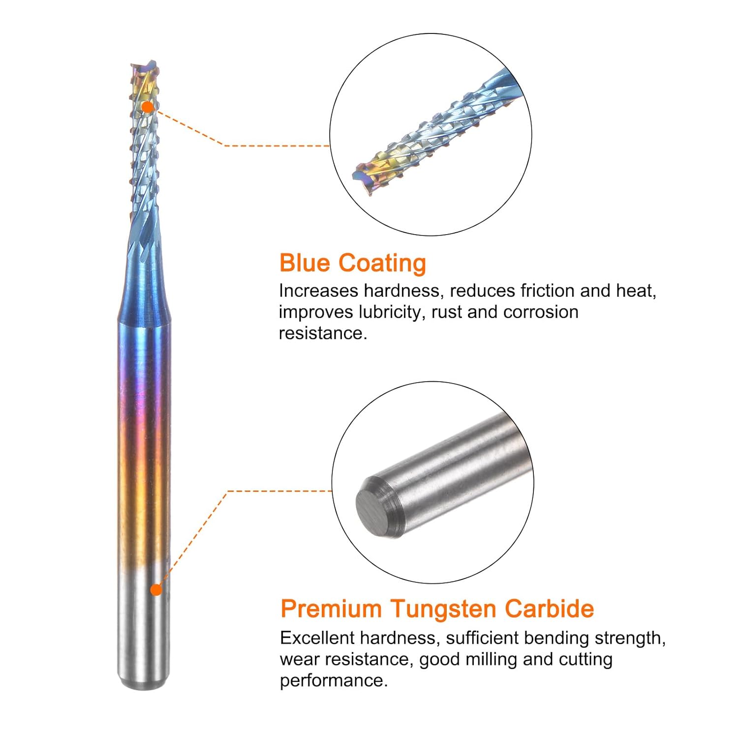10 Uds. Fresas de extremo CNC Router Bits 18 “Shank 0.071 in Blue Coated Tungsten Carburo Fresas para PCB Acrílico Madera Aluminio Metal