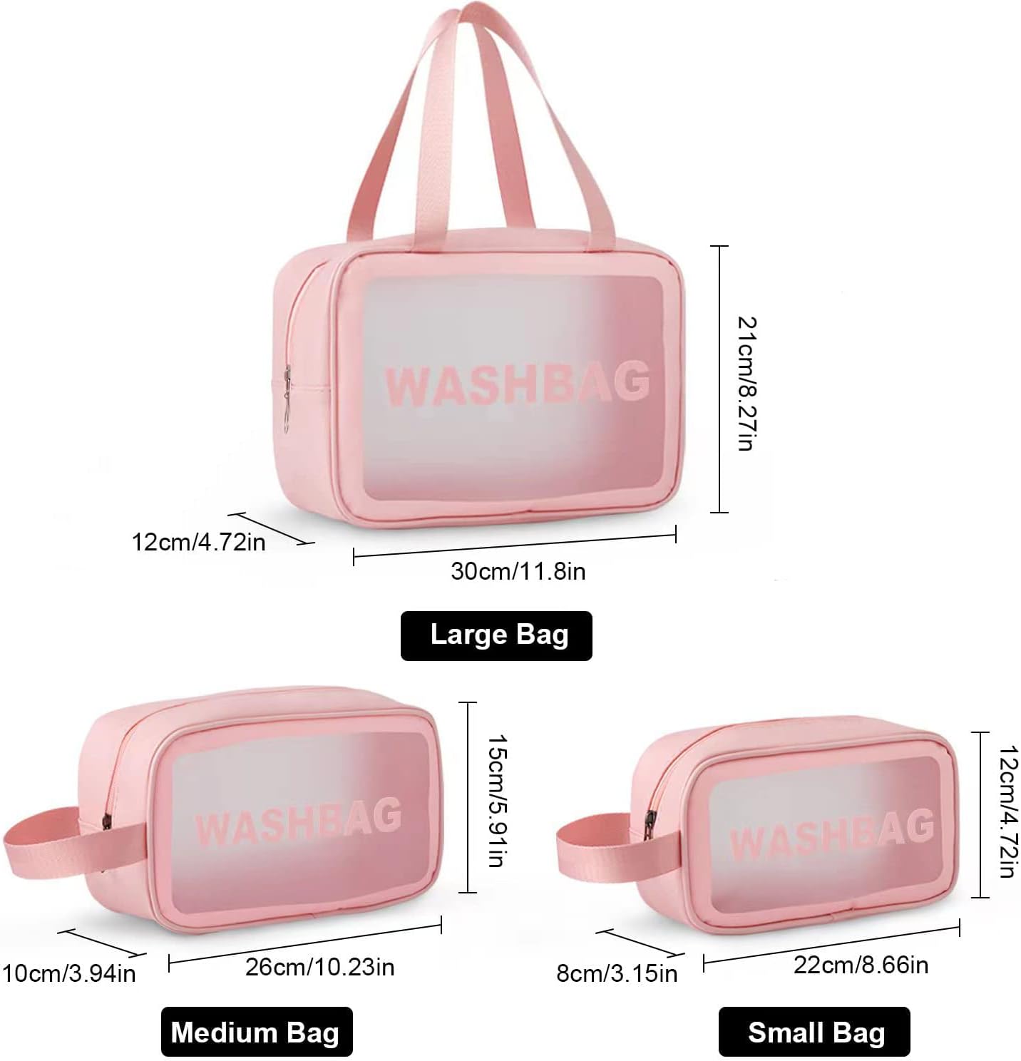 LULU Deer Juego de bolsas de maquillaje y lavado de viaje translúcidas para mujer, impermeables, de tres tamaños, gran capacidad con asa, a prueba