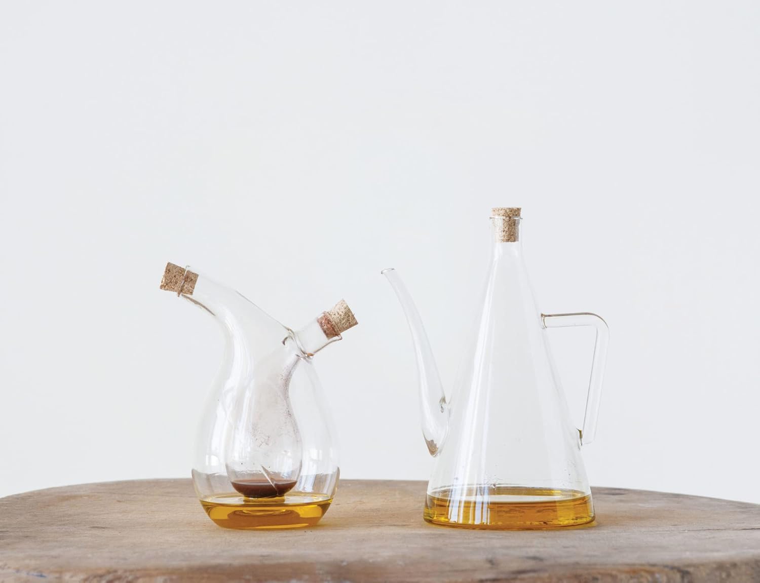 Vinagre de aceite y vinagre de vidrio soplado a mano transparente dos en uno con tapones de corcho