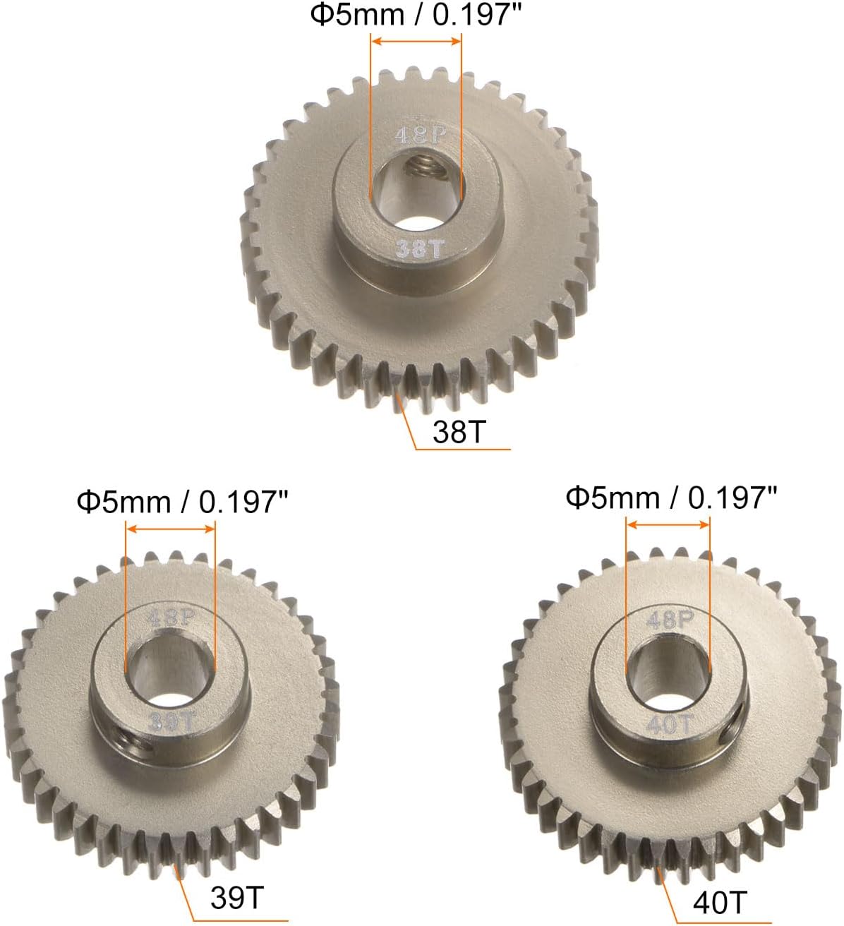 48P 7075 Aluminio Piñón Motor Gear Set 3pcs 38T 39T 40T Fit 0.197 in RC Motor Eje 48 engranajes de paso para coche RC, con llave hexagonal