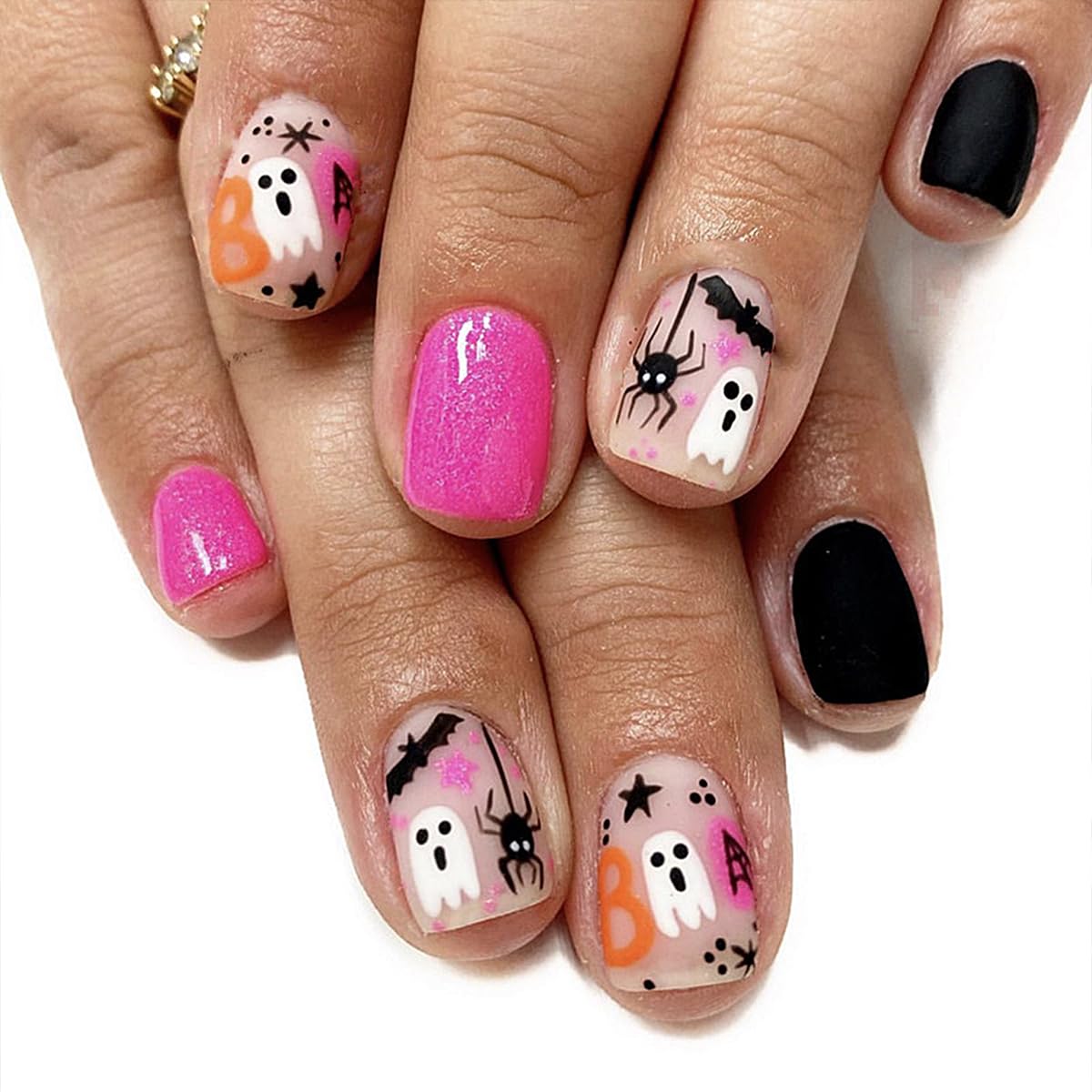 Uñas postizas de Halloween, uñas cortas cuadradas a presión, uñas postizas rosa y negro con diseños de telaraña fantasma, uñas con pegamento, puntas