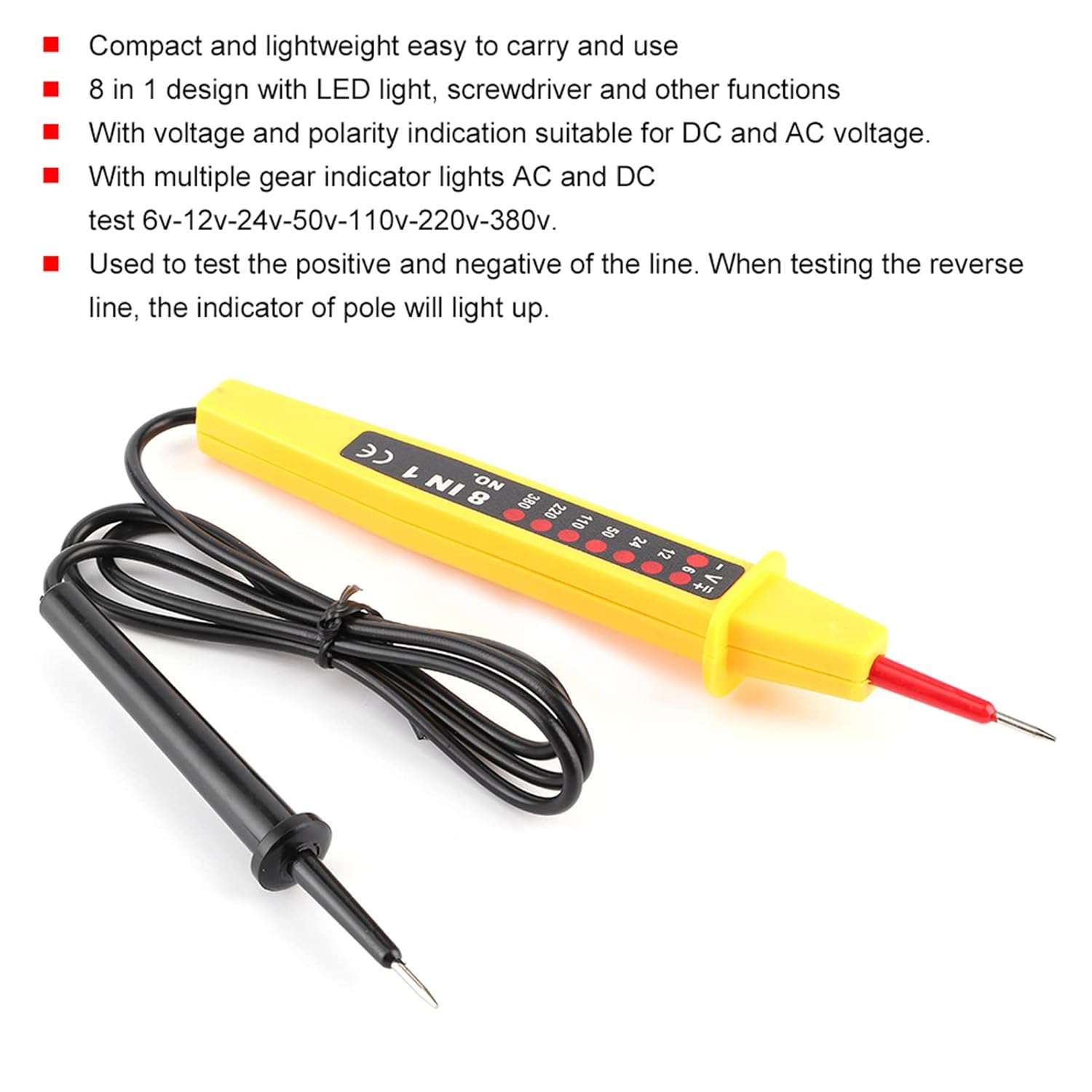 Probador de voltaje, 8 en 1 Probador de Voltaje Pluma AC DC 6-380V Multifuncional Coche Instrumento Eléctrico Probador Detector con Luz LED