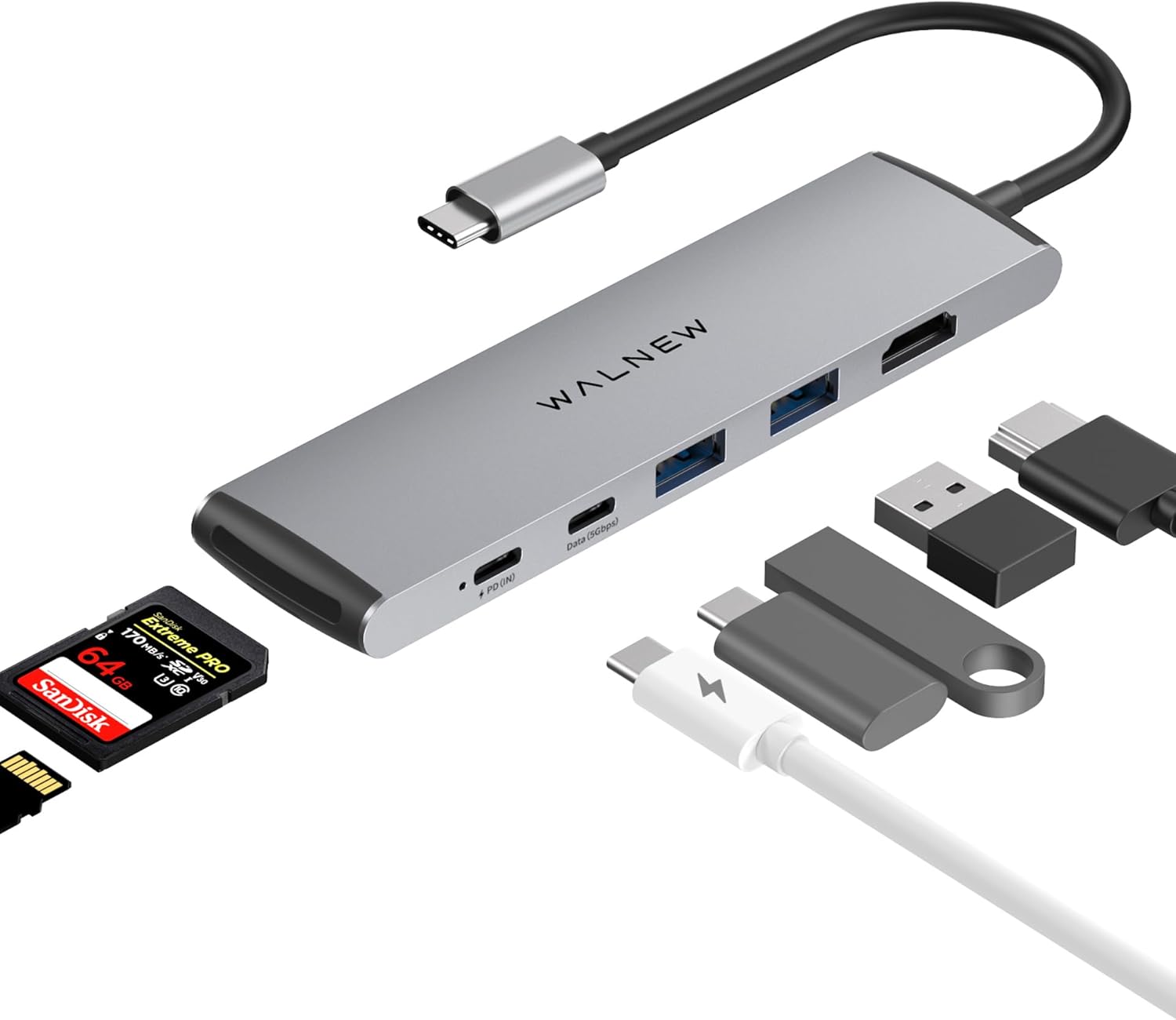 WALNEW Hub USB-C 7 en 1 con HDMI 4K, 100 W PD, puerto de datos de 5 Gbps (1 tipo C y 2 USB 3.0), lector SDTF, adaptador multipuerto USB Dongle para