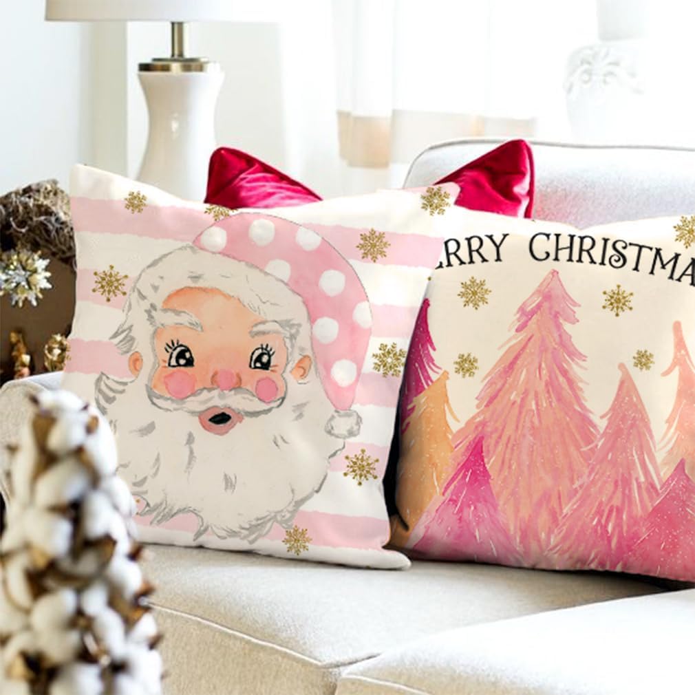 Juego de 4 fundas de almohada de Navidad rosas de 20 x 20 pulgadas, fundas de almohada decorativas, fundas de almohada de granja, árbol de Navidad,