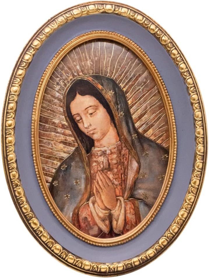 Arte religioso en tono dorado ovalado y marco azul  Set en cualquier superficie plana de tu hogar  Gran regalo católico para la primera comunión,