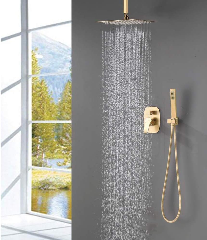 AYIVG Baño latón 10 pulgadas montaje pared techo lluvia sistema mezclador sistema mezclador (montaje en techo, oro cepillado)