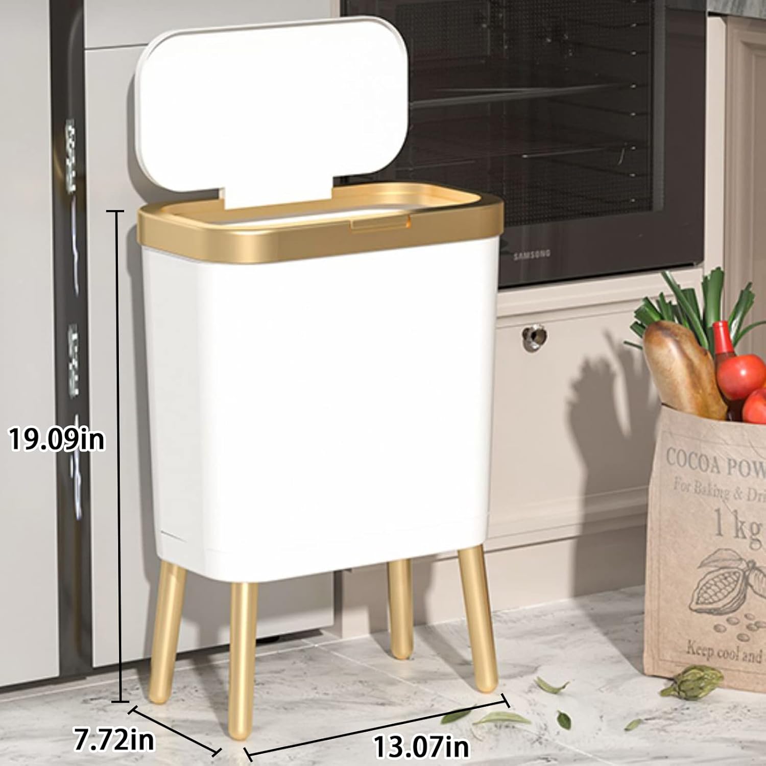 URALFA Basurero de baño con tapa, cubo de basura de cocina de 4 galones con borde dorado estrecho con patas, cesta de basura de plástico para baño,