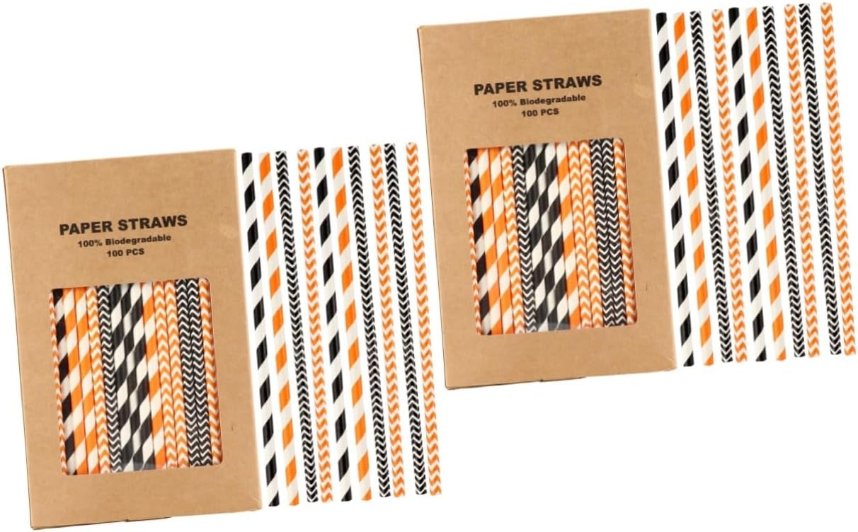Healeved 200 pajitas de papel de Halloween desechables para Halloween, pajitas de papel a rayas, pajitas para tartas, pajitas a rayas, pajitas