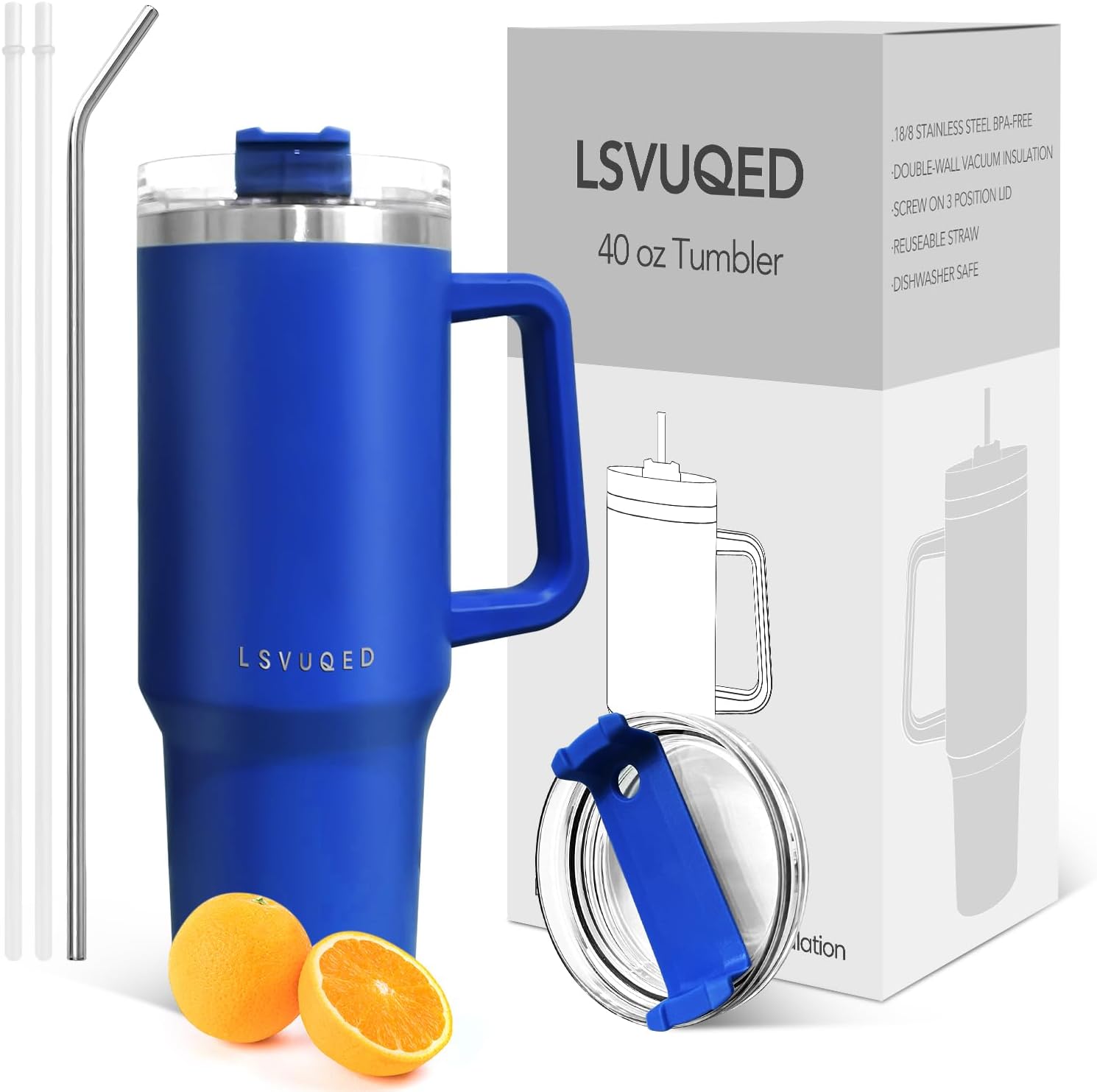 LSVUQED Vasos de 40 onzas con asa y tapa con popote, aislamiento reutilizable, de acero inoxidable, taza de viaje que mantiene las bebidas aisladas