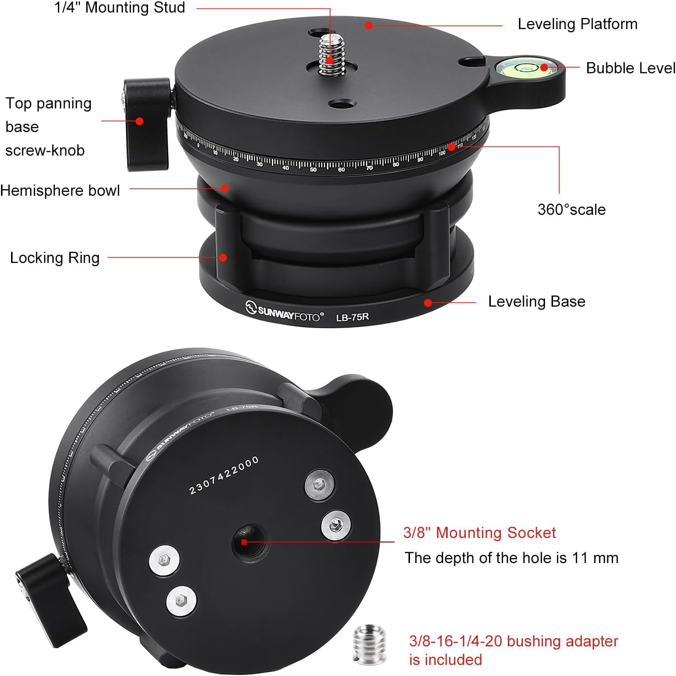 SUNWAYFOTO LB-75R 360 Base de nivelación panorámica Cabezal de trípode 33 lbs (15kg) Capacidad de carga