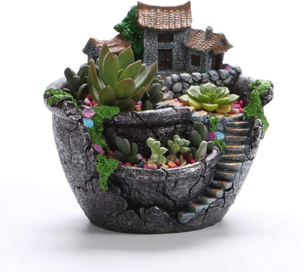 Plantas de jardín creativas maceta suculenta casa de hadas con dulce casa de flores cesta de flores para el hogar, oficina, balcón decoración adornos