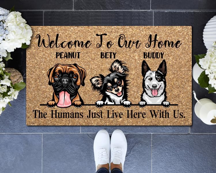 Tapete para puerta de 30 x 18 pulgadas, con nombre del perro, bienvenido a nuestro hogar, tapete personalizado personalizado de bajo perfil para