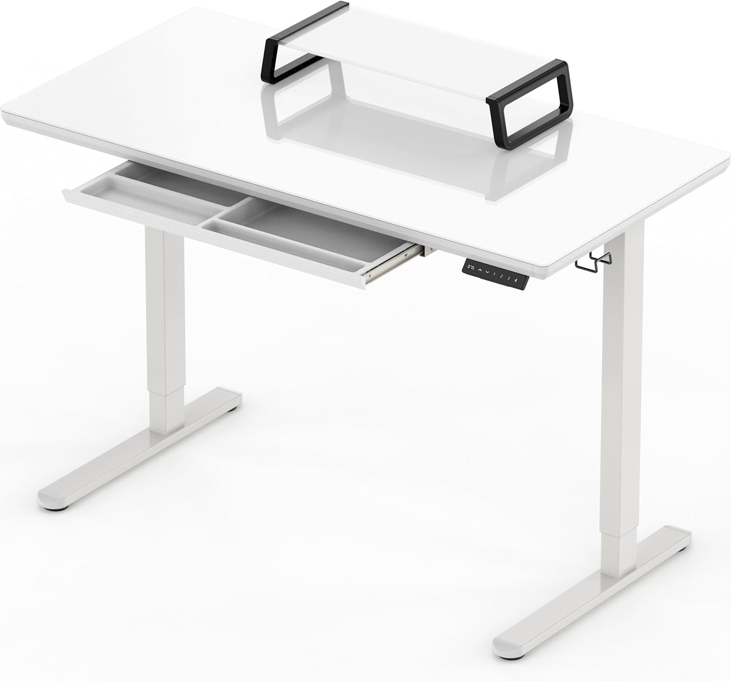 SHW  48 pulgadas  Escritorio eléctrico de altura ajustable de vidrio de una pieza completa  Elevador de monitor y cajón incluidos  Blanco