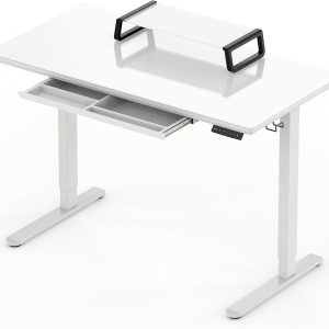 SHW  48 pulgadas  Escritorio eléctrico de altura ajustable de vidrio de una pieza completa  Elevador de monitor y cajón incluidos  Blanco SHW  48 pulgadas  Escritorio eléctrico de altura ajustable de vidrio de una pieza completa  Elevador de monitor y cajón incluidos  Blanco