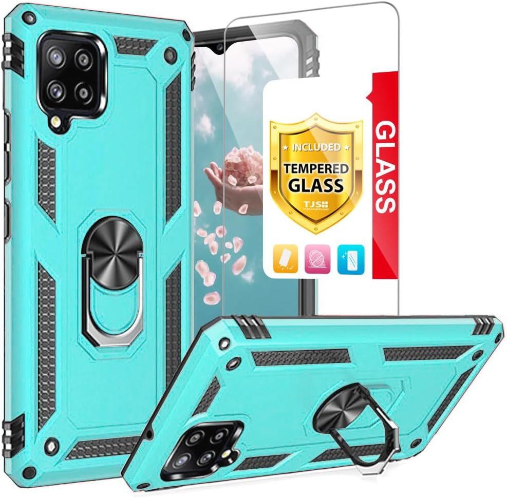TJS Funda compatible con Samsung Galaxy A12, con protector de pantalla de vidrio templado, anillo de metal Defender con soporte magnético para