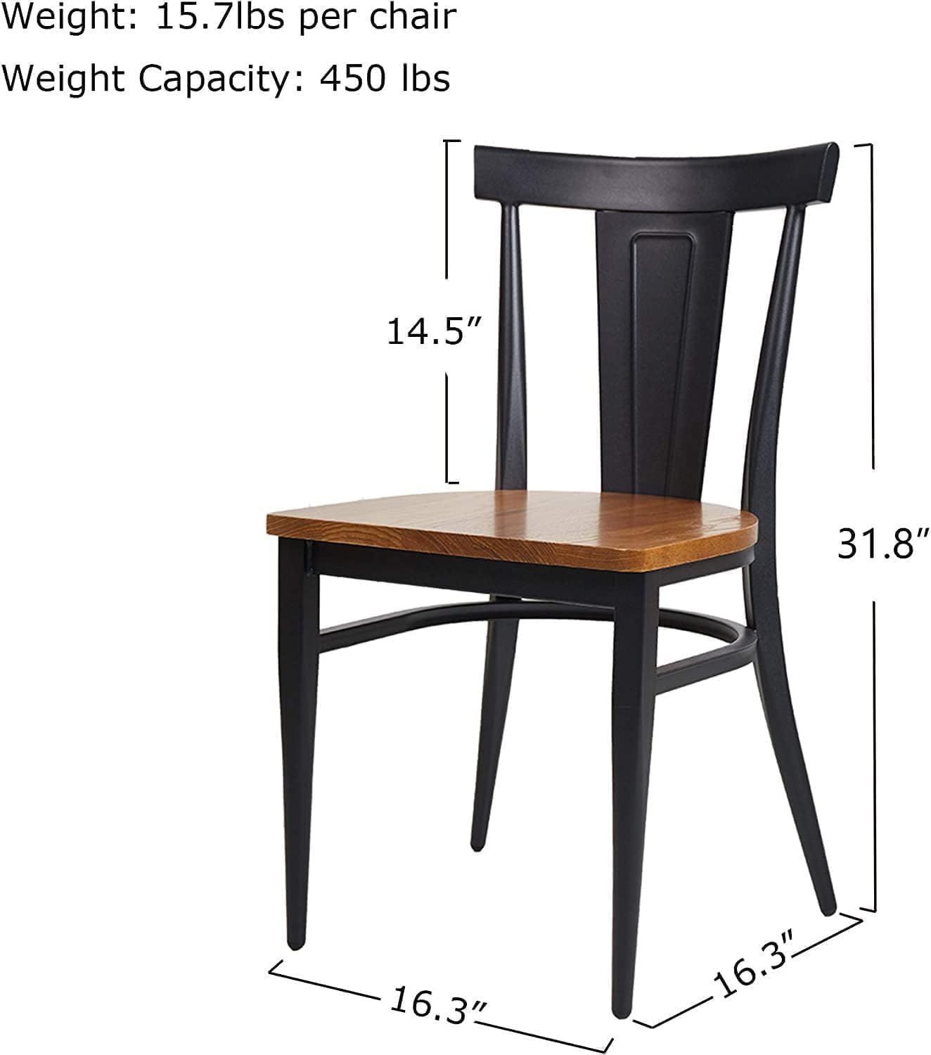 LUCKYERMORE Juego de 2 sillas de comedor de metal resistente, sillas apilables comerciales con asiento de madera, marco de metal, capacidad de 450