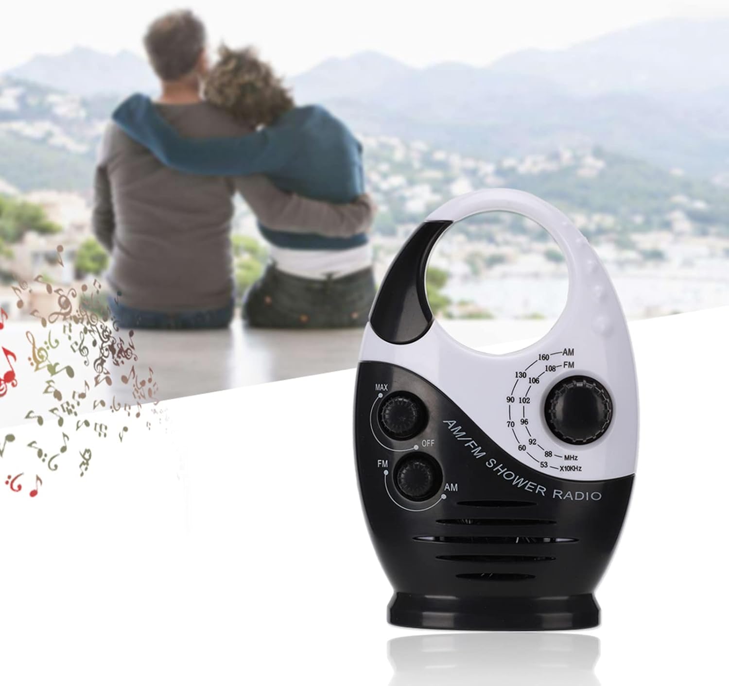 Radio de ducha impermeable, radio AMFM con altavoces de volumen ajustables, altavoces portátiles alimentados por batería con mango de gancho para