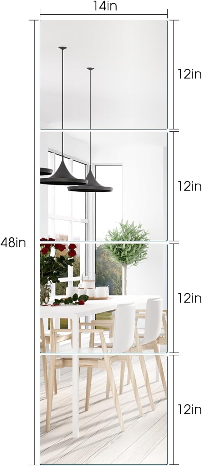 Espejo de pared de vidrio de longitud completa de 14 x 12 pulgadas, 4 piezas, espejo de pared sin marco, azulejos de espejo adhesivos para