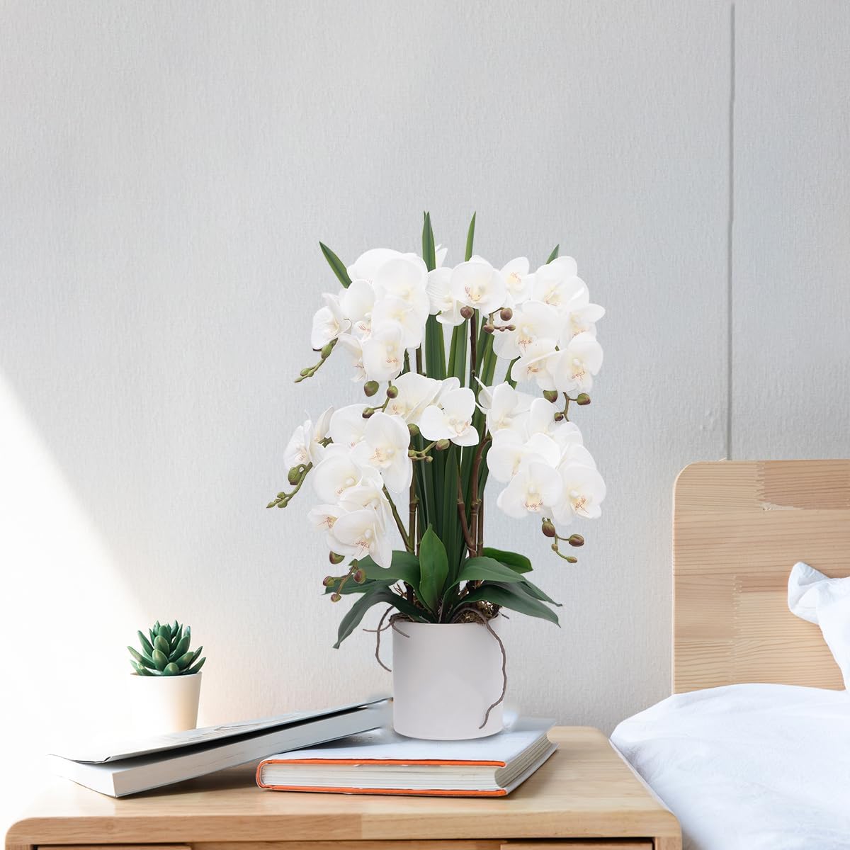 CXGS Plantas artificiales de orquídeas artificiales de tacto real, orquídeas falsas en jarrón de cerámica de 20.9 pulgadas, orquídea falaenopsis