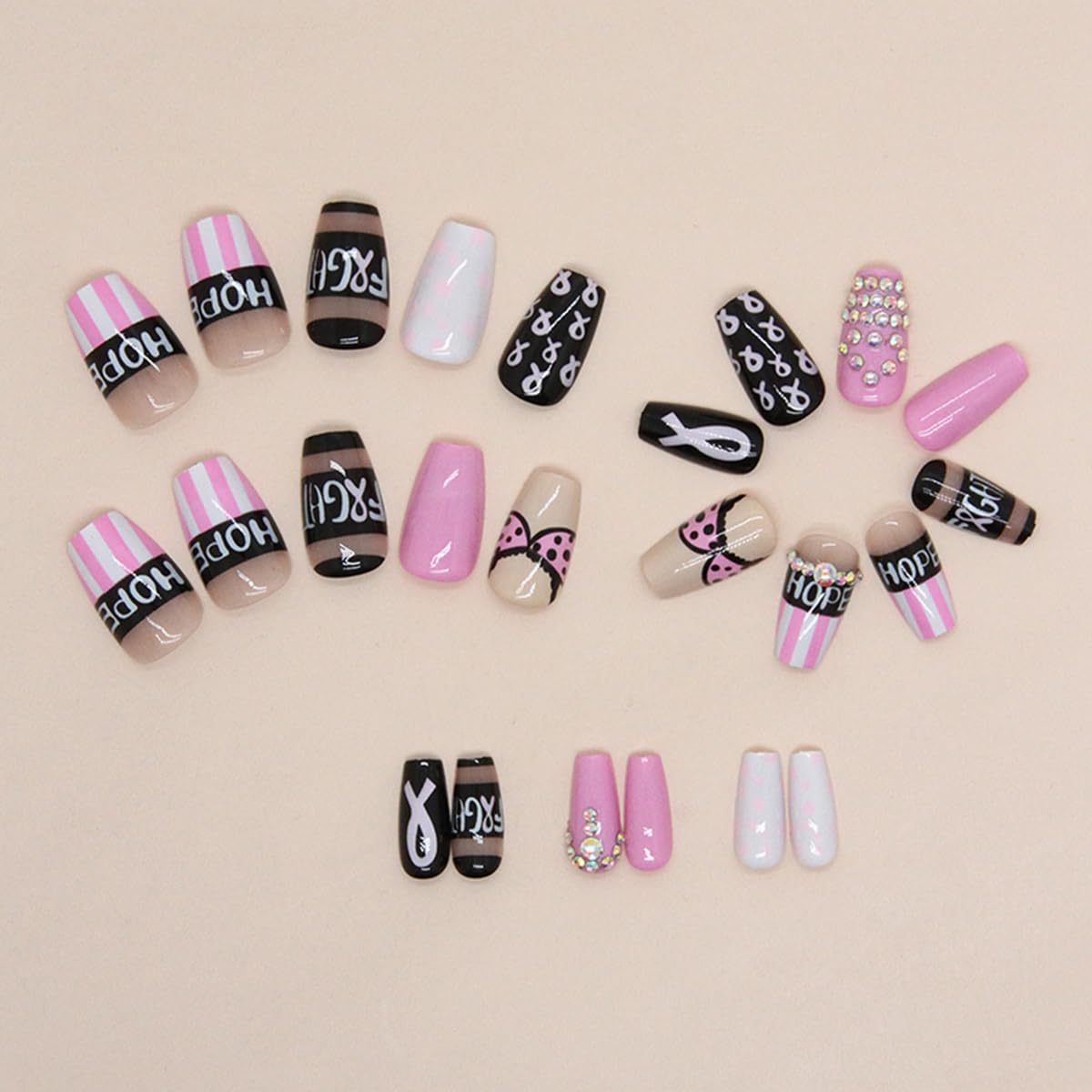24 uñas postizas a presión para concientización sobre el cáncer de mama, uñas postizas de longitud media con diseños de diamantes de imitación,