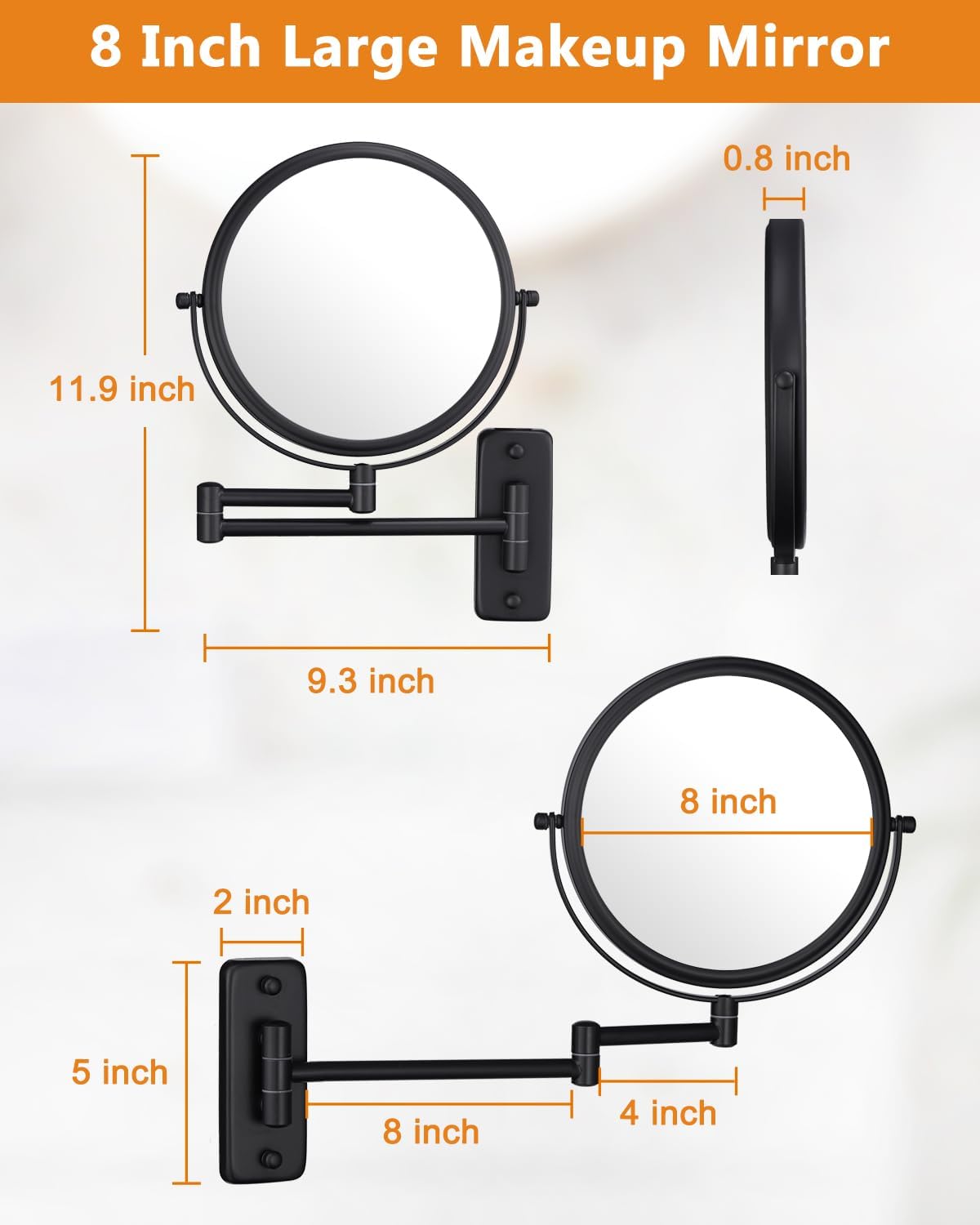 DECLUTTR Espejo de maquillaje montado en la pared, espejo de aumento 1X10X para pared, espejo de baño extensible giratorio de doble cara de 360 de 8