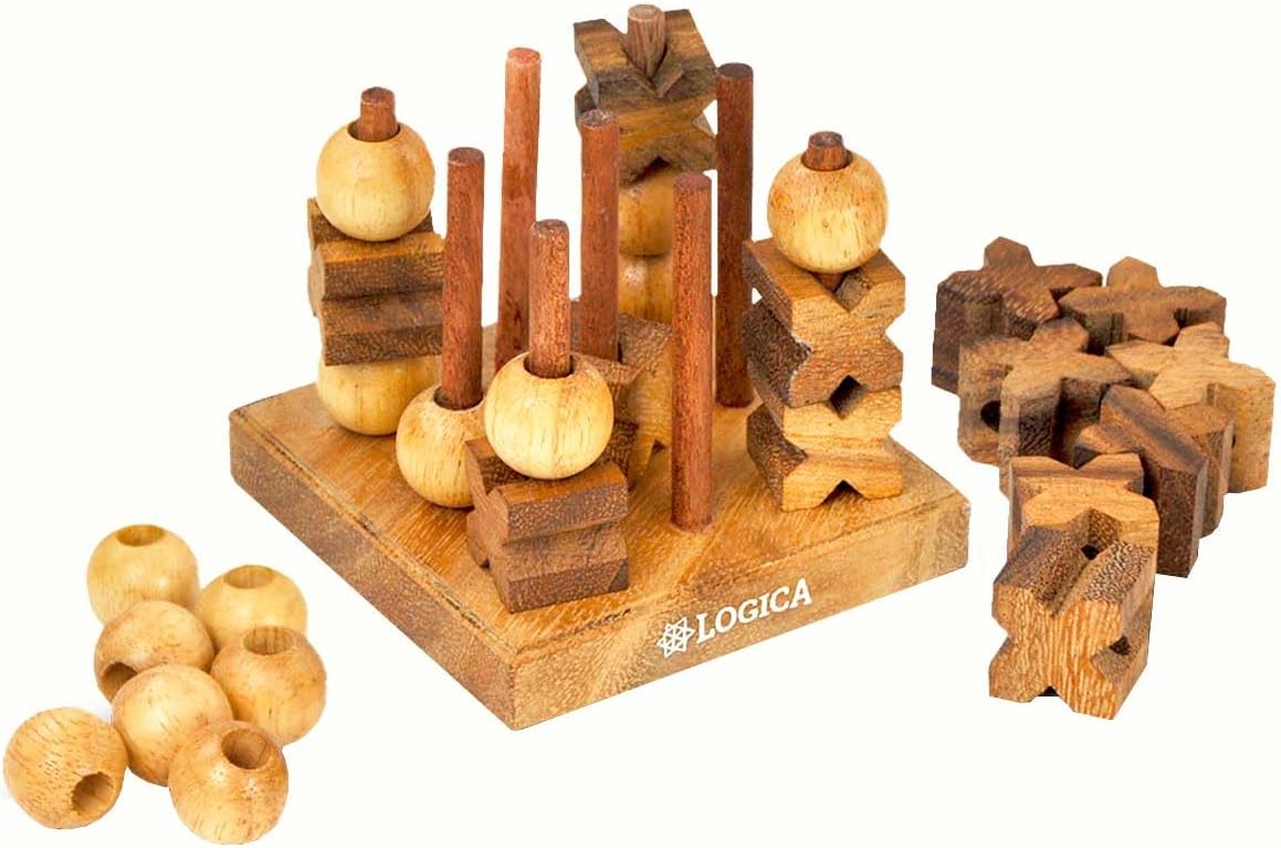 Logica Puzzles Art. Tic-Tac-Toe 3D – Juego de mesa en madera fina – Juego de estrategia para 2 jugadores – Nuevas estrategias 3D