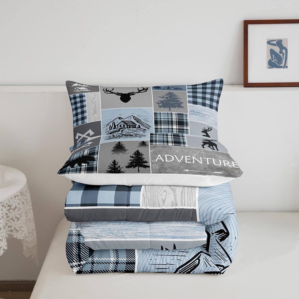 Juego de edredón de cabaña, juego de ropa de cama rústica de oso y ciervo, tamaño matrimonial para niños, adolescentes y adultos, edredón de