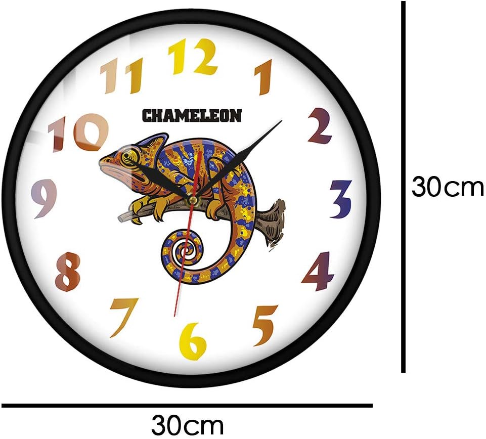 Reloj de pared con marco de metal simple con estampado de camaleón, lagarto animal, arte surrealista, decoración de pared de cocina, reptil,