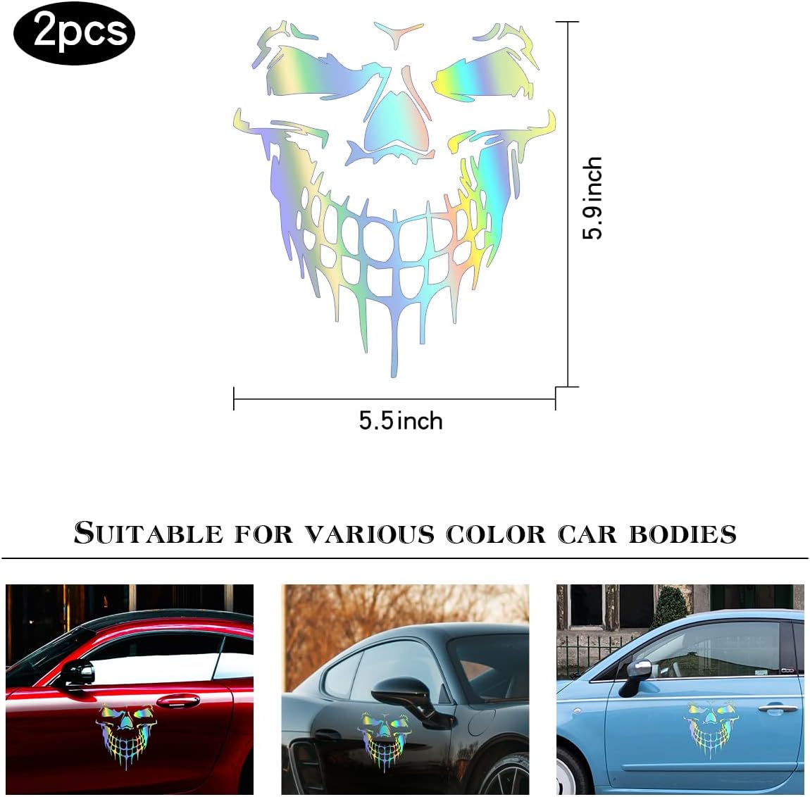 2 hojas de calcomanías reflectantes de calavera para coche, impermeables, coloridas, 5.9 x 5.7 pulgadas, TH001 TH001 TH001