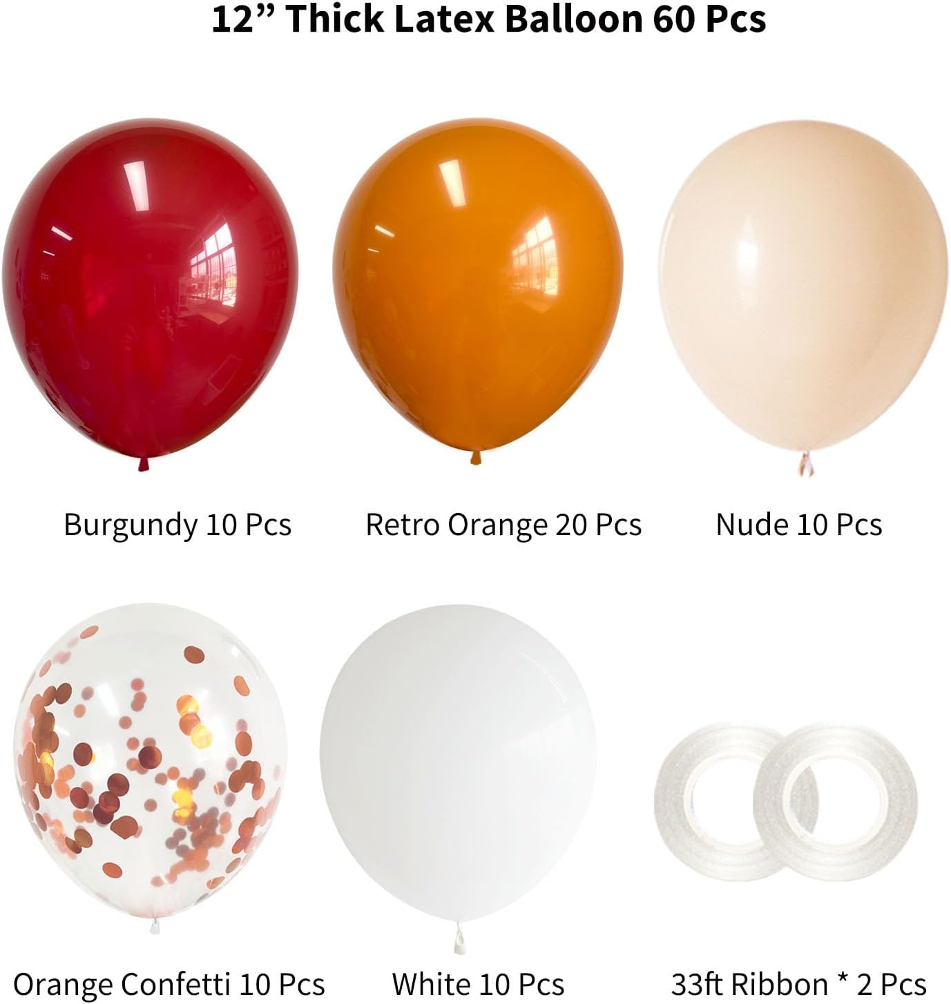 ANSOMO Globos de látex de terracota de 12 pulgadas, 60 piezas retro polvoriento, naranja quemado, borgoña, rojo vino, rubor, nude, blanco,