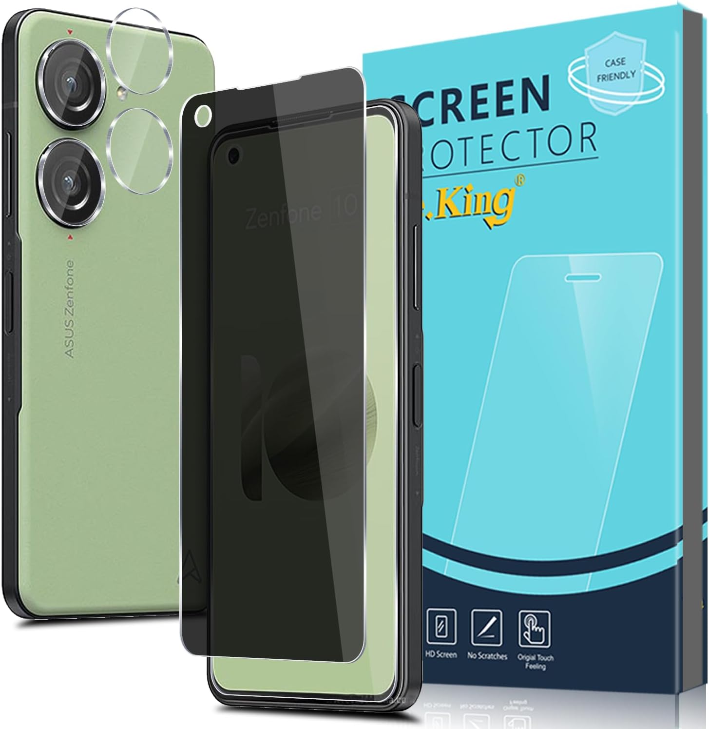 Paquete de 2+2 para Asus Zenfone 10 (2023) Protector de pantalla de vidrio templado de privacidad y protector de lente de cámara, antiespías,