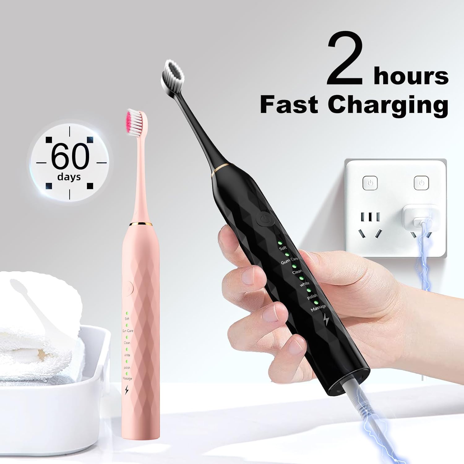 Cepillo de dientes eléctrico para niños con soportes para cepillos de dientes, paquete de 2 cepillos de dientes sónicos con 10 cabezas, 6 modos,