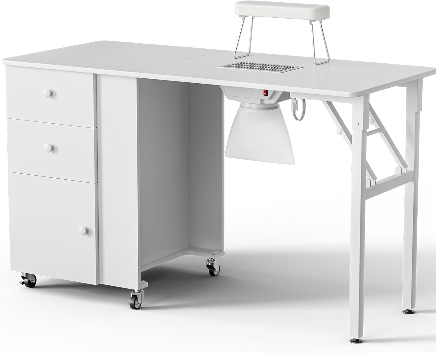 Paddie Mesa de manicura plegable para uñas, estación de mesa plegable para uñas con colector de polvo integrado, longitud ajustable, almohadilla de