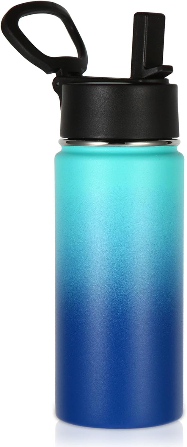 Volhoply Botella de agua aislada para niños con popote, botellas de agua fría de acero inoxidable de 16 onzas para la escuela, vasos de boca ancha