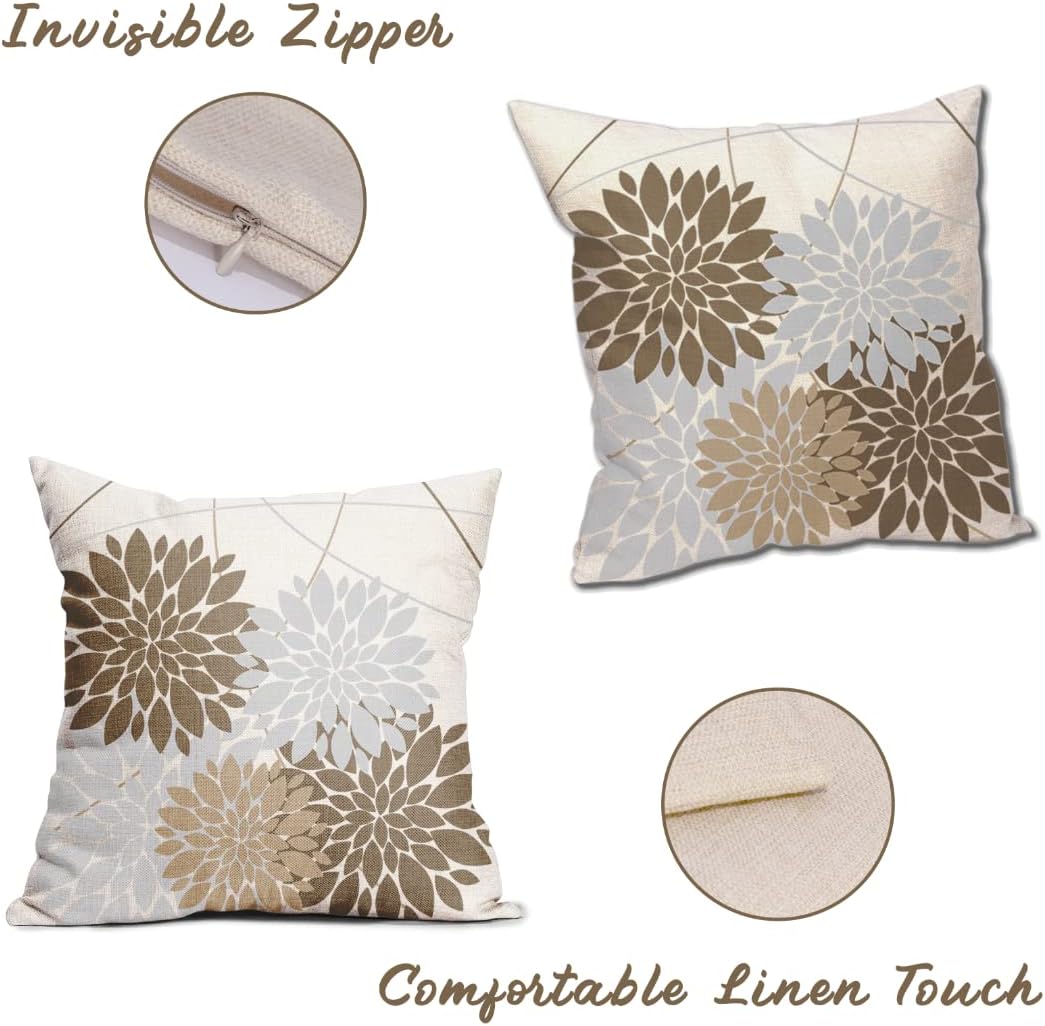 WOFOLE Juego de 2 fundas de almohada de 16 x 16 pulgadas con estampado de flores de dalia gris, decoración al aire libre, fundas de cojín de lino
