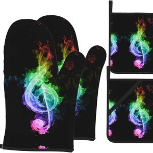 Juego de 4 guantes de horno y soportes para ollas de notas musicales coloridas, resistentes al calor, antideslizantes, de algodón, para cocinar Juego de 4 guantes de horno y soportes para ollas de notas musicales coloridas, resistentes al calor, antideslizantes, de algodón, para cocinar
