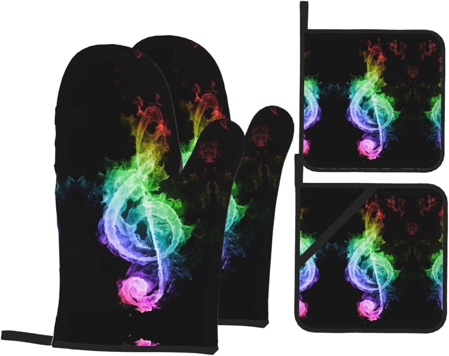 Juego de 4 guantes de horno y soportes para ollas de notas musicales coloridas, resistentes al calor, antideslizantes, de algodón, para cocinar