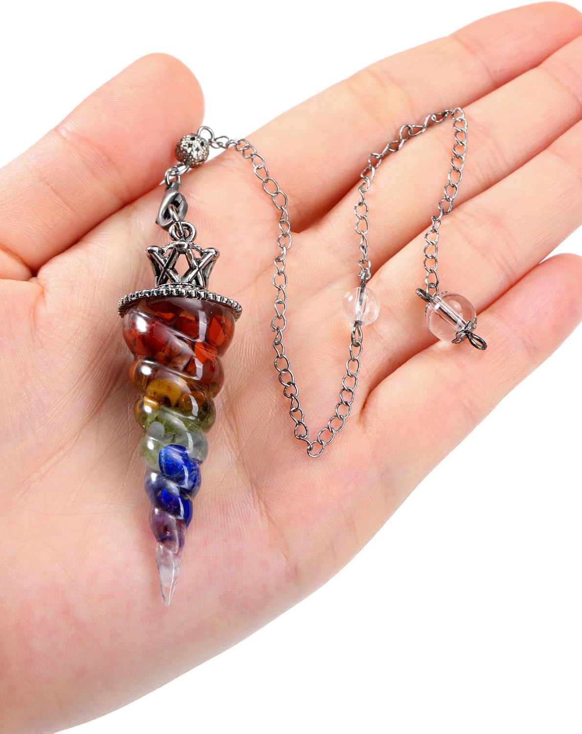 Jovivi Péndulos naturales de cristal de 7 chakras para radiestesia de adivinación, corona de cono de espiral, péndulo puntiagudo con cadena, piedras