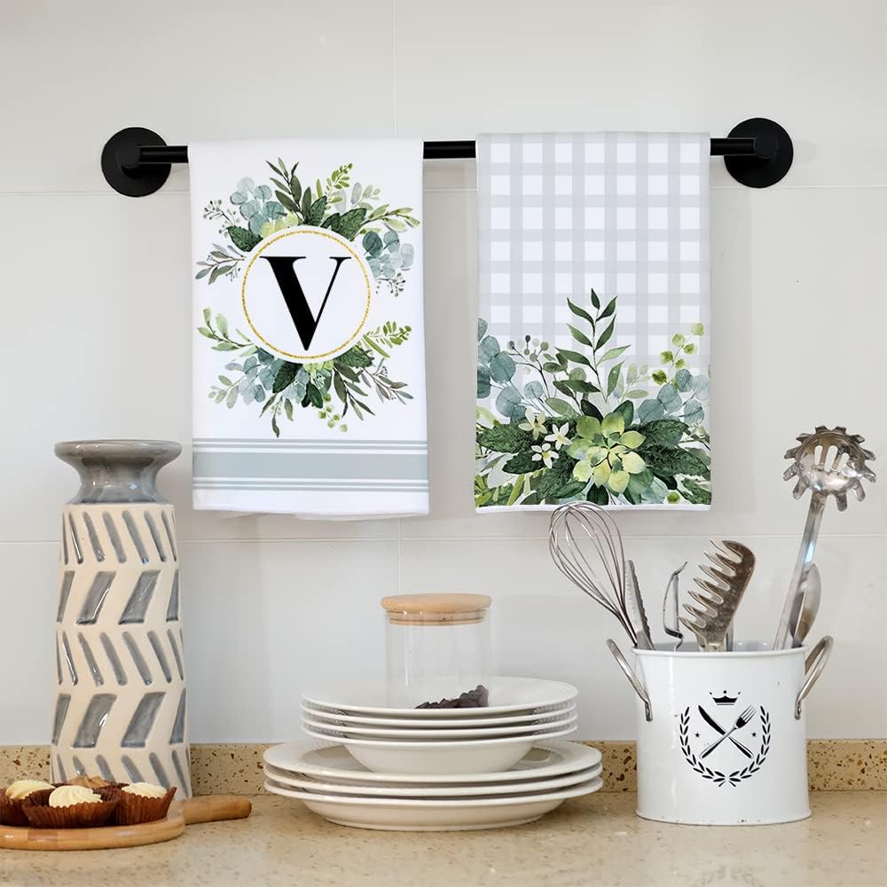 Toallas de cocina con monograma con letra W para decoración del hogar, hojas de eucalipto, familia, apellido, inicial, 18 x 26 pulgadas, ultra