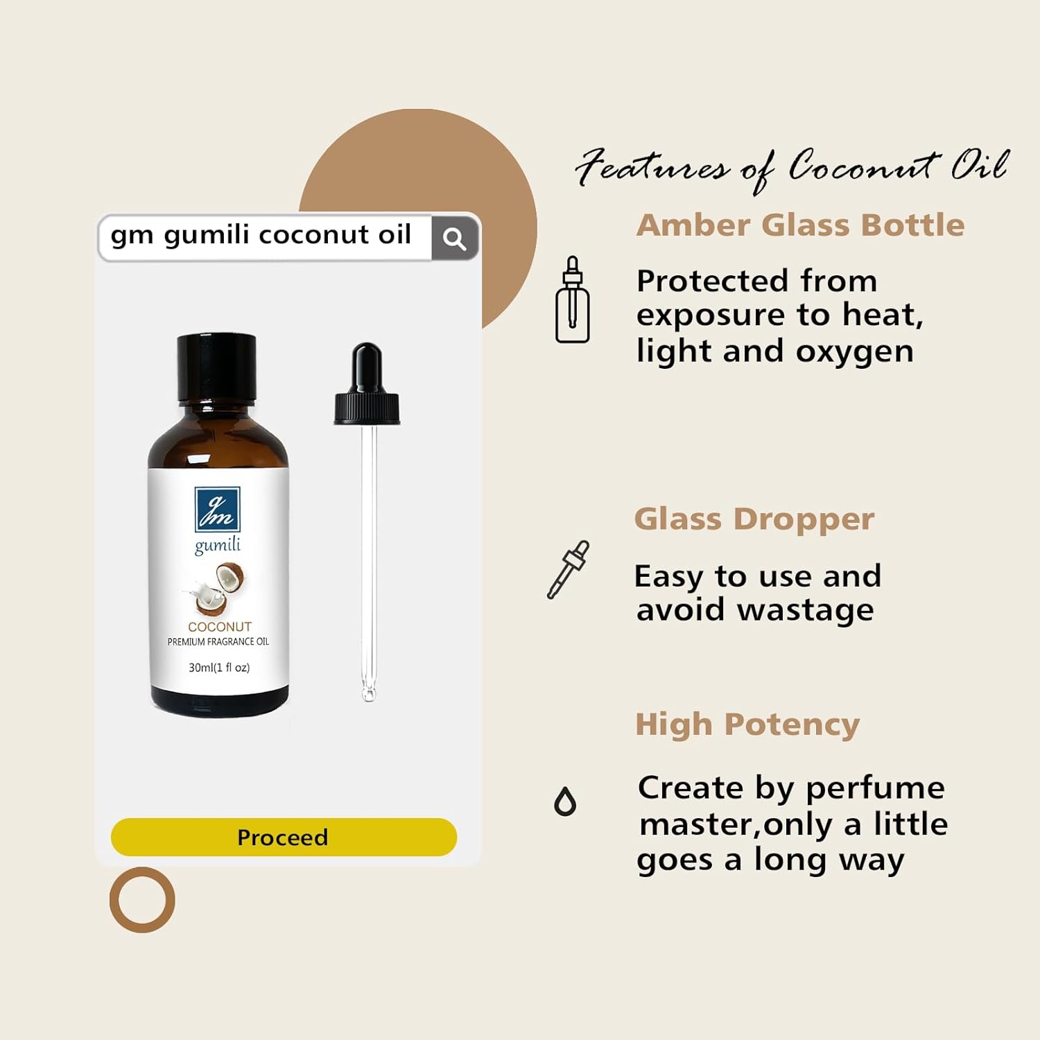GM Gumili Aceite de coco, aceite de fragancia para el hogar, aceite aromático para hacer velas, jabón, bolas de secadora, difusores, lavandería,